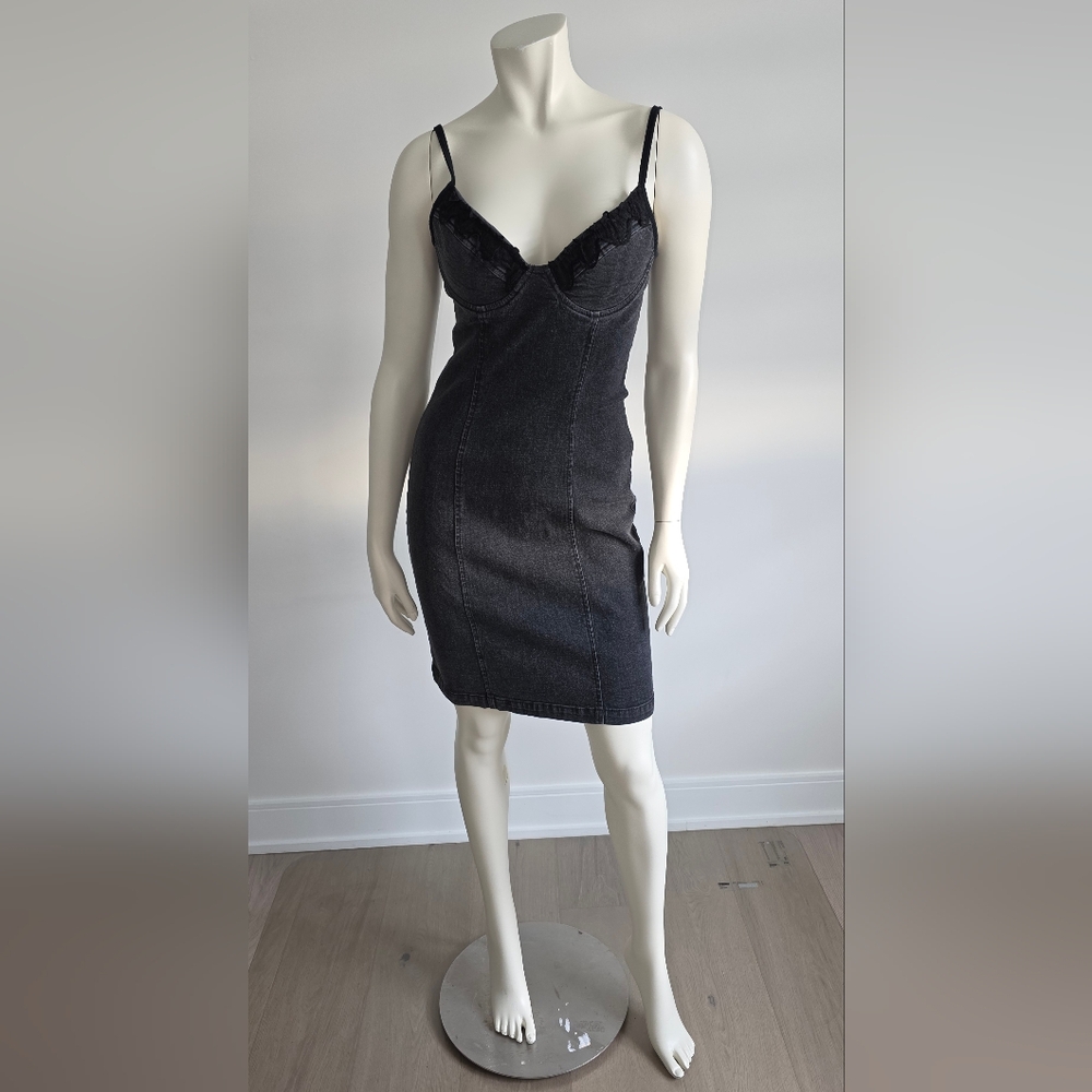 Topshop Bodycon Black Lingerie Style Lace Bra Denim Dress US 6